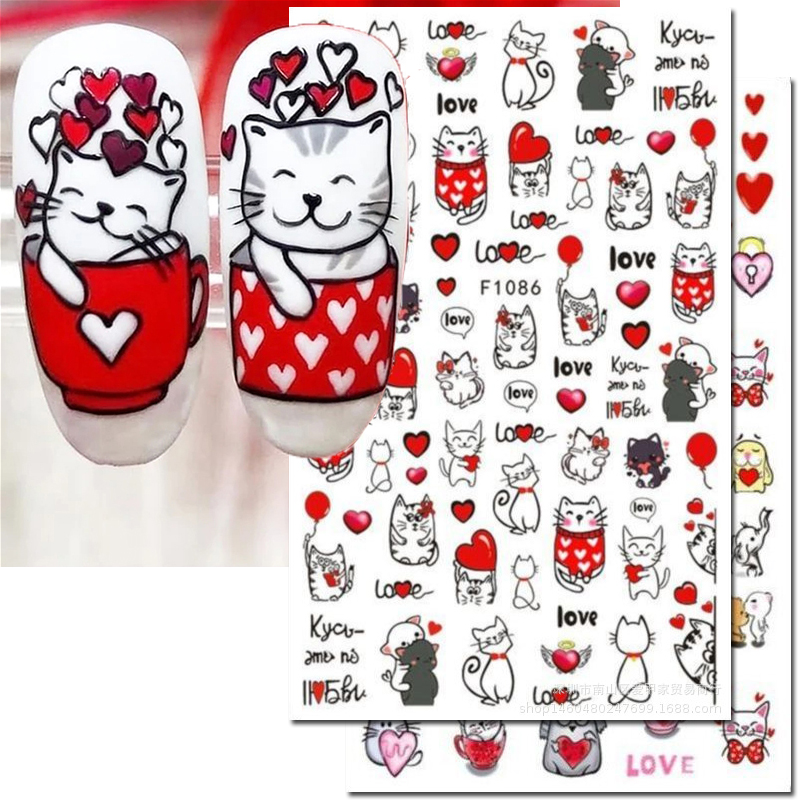 Nail Art Valentines Day - 3d Nail Art Decals วันวาเลนไทน์หัวใจสีแดงบอลลูนแมวน่ารัก Love