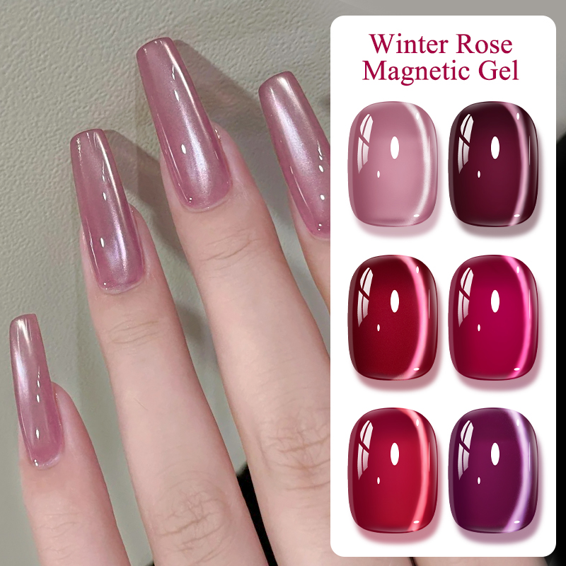 Nail Art Valentines Day - ยาทาเล็บเจลแม่เหล็กสีชมพูวินเทอร์โรส ประดับด้วยลูกปัดแก้ว แม่เหล็กกึ่งถาวร ล้างออกได้ด้วยน้ำยาล้างเล็บเจล ยูวี เจลวานิช
