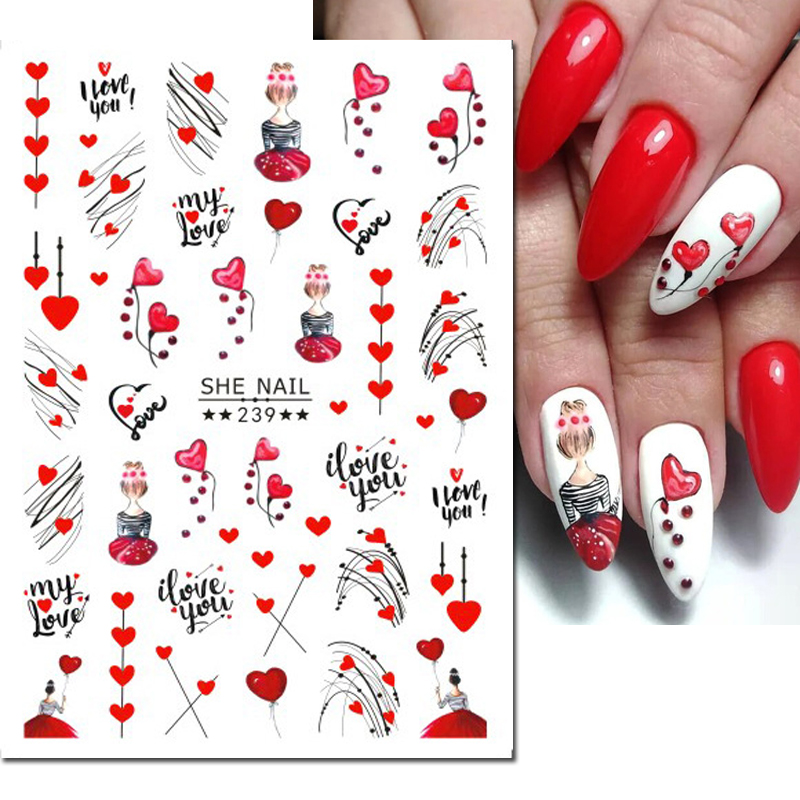 Nail Art Valentines Day - 3d Nail Art Decals เส้นเรขาคณิตวันวาเลนไทน์หัวใจสีแดง Love
