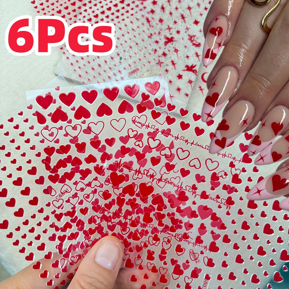 Nail Art Valentines Day - สติกเกอร์ติดเล็บลายหัวใจสีแดง 6 ชิ้น/ชุด สำหรับวันวาเลนไทน์ ลายดาวและพระจันทร์ สไตล์