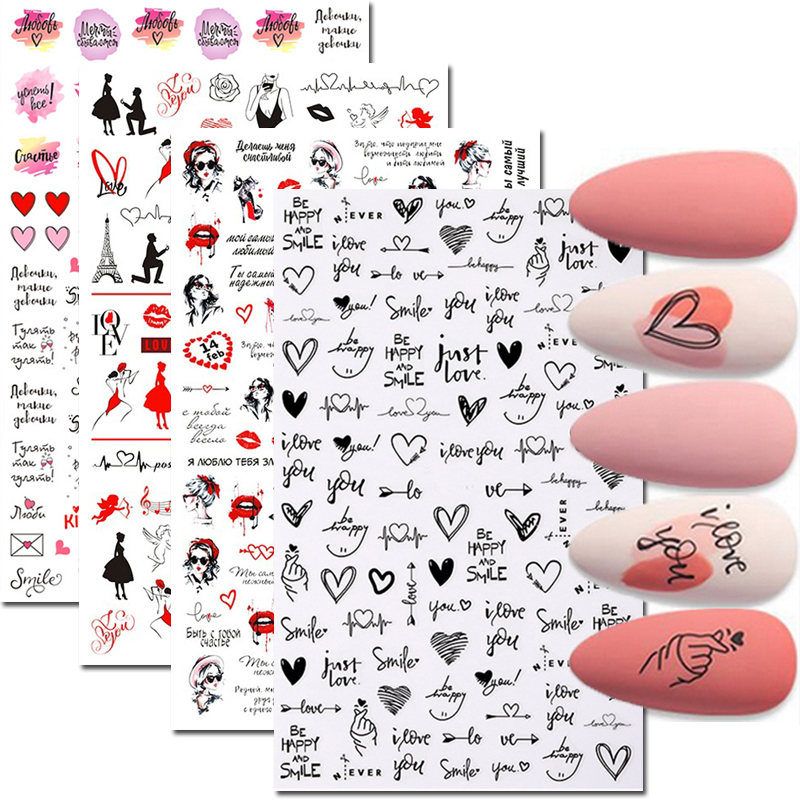 Nail Art Valentines Day - Nail Art Decals Love Hearts ตัวอักษรข้อความวันวาเลนไทน์กลับกาวสติกเกอร์เล็บตกแต่งสําหรับเล็บเคล็ดลับความงาม