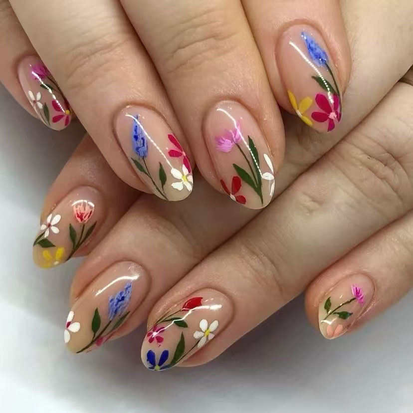 Nail Art Oval - 24 ชิ้น Simple อัลมอนด์เล็บเคล็ดลับดอกไม้สีสันสดใสออกแบบเล็บปลอมสวมใส่รูปไข่เล็บปลอมสั้นเต็มรูปแบบกดบนเล็บ
