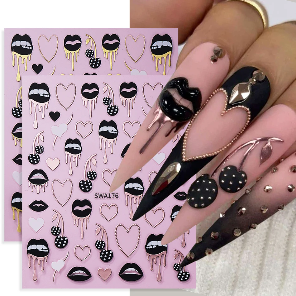 Nail Art Valentines Day - สติกเกอร์ติดเล็บลายหัวใจสีดำ 2 ชิ้น ลายเซ็กซี่วาเลนไทน์ ลายเส้นโลหะ ลายเชอร์รี่