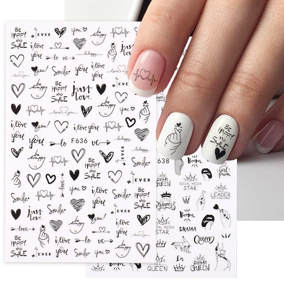 Nail Art Valentines Day - สติกเกอร์ติดเล็บรูปหัวใจสำหรับ3D 2ชิ้นตัวเลื่อนใบหน้าของเด็กผู้หญิงเท่ห์มีตัวอักษรภาษาอังกฤษทำเล็บมือในวันวาเลนไทน์