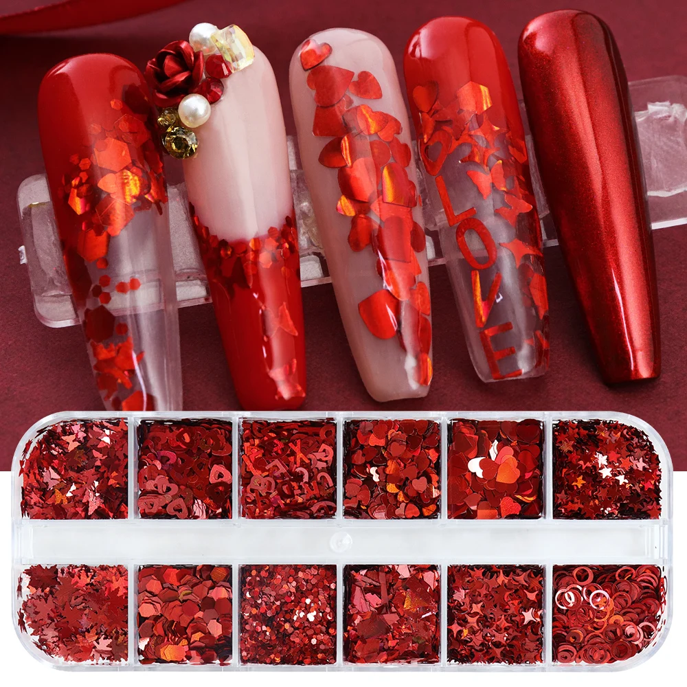 Nail Art Valentines Day - แผ่นประกายระยิบระยับศิลปะเล็บสีแดงแบบโฮโลแกรมสำหรับวันวาเลนไทน์แผ่นการตกแต่ง DIY แต่งเล็บแวววาวแวววาวรูปหัวใจผสมผีเสื้อเพื่อความรัก