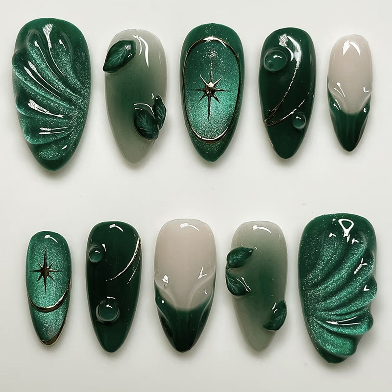 Nail Art Oval - ชุดเล็บปลอมสีเขียวแบบฝรั่งเศส 24 ชิ้น ดีไซน์ทรงอัลมอนด์ ปลายเล็บรูปไข่สั้น ติดง่าย
